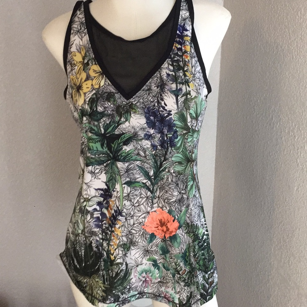 Floral workout top with sheer v-neck